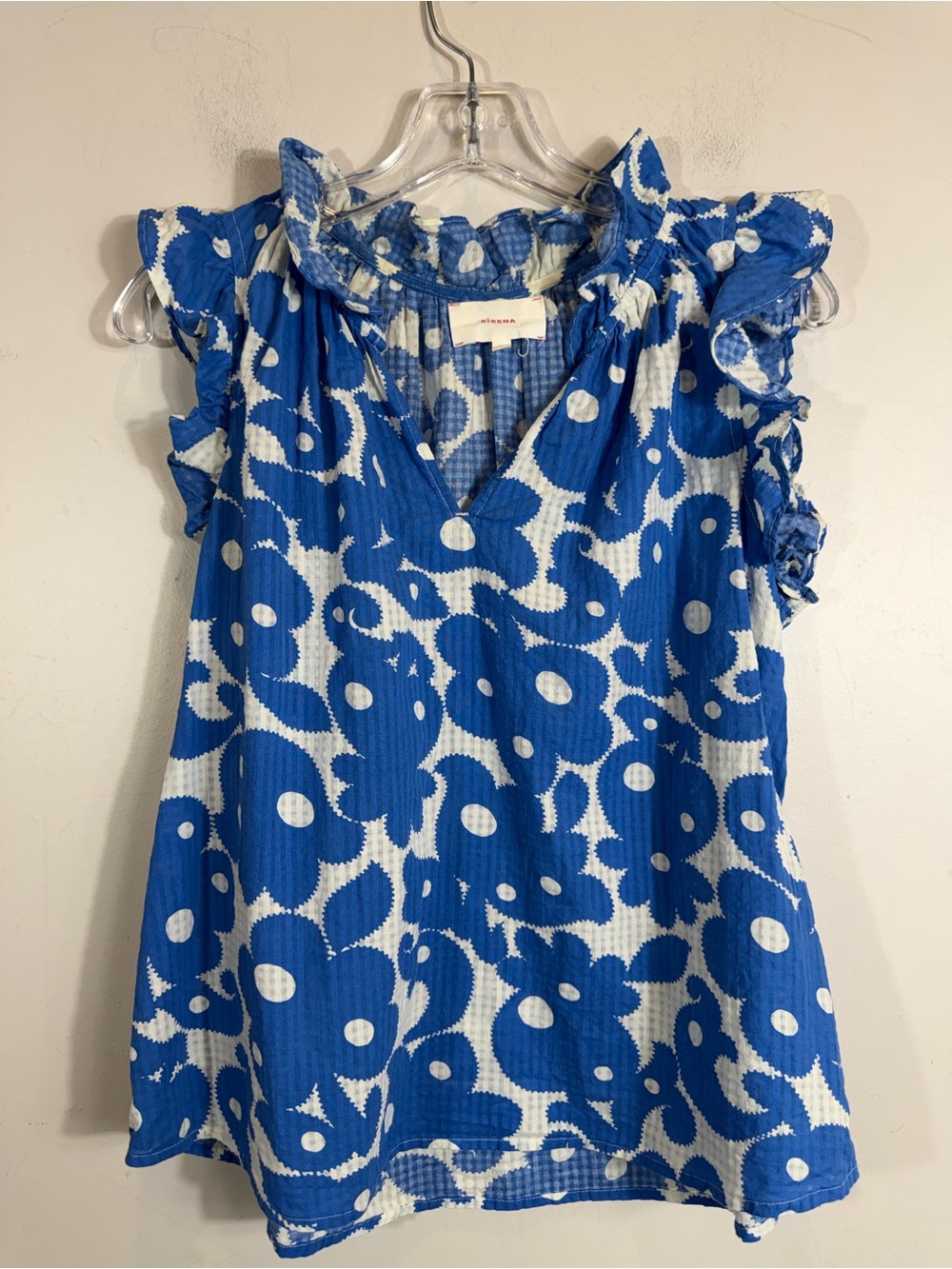 Xirena Blue White Abstract Floral Dot Print Cotton Ruffle Sleeve Tank Top XS